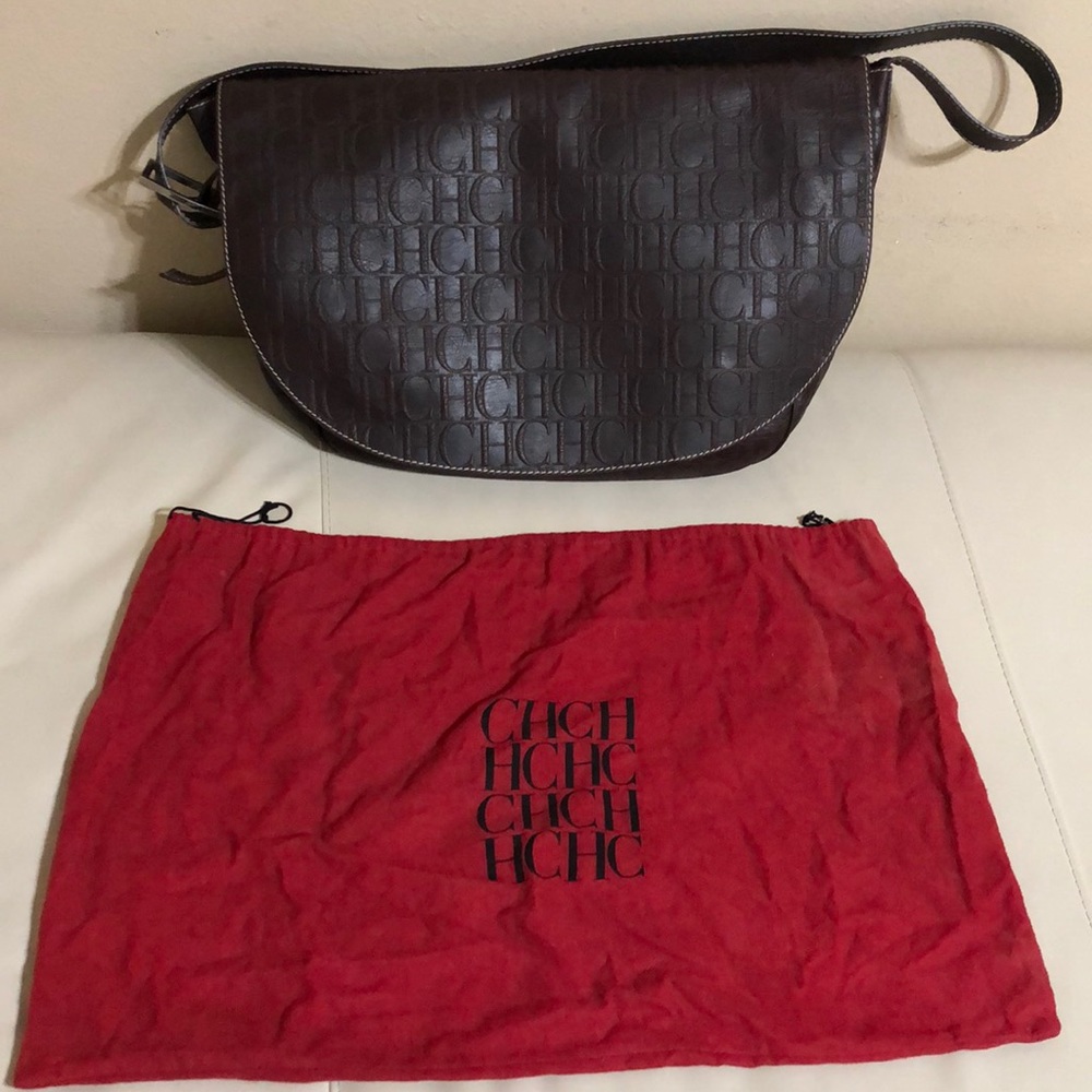 Carolina Herrera CH Monogram Large Leather Messenger Shoulder Bag Brown